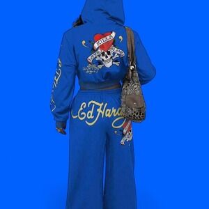 Ed Hardy Blue Y2K Tracksuit Set XL Skull Heart Graphic Rare